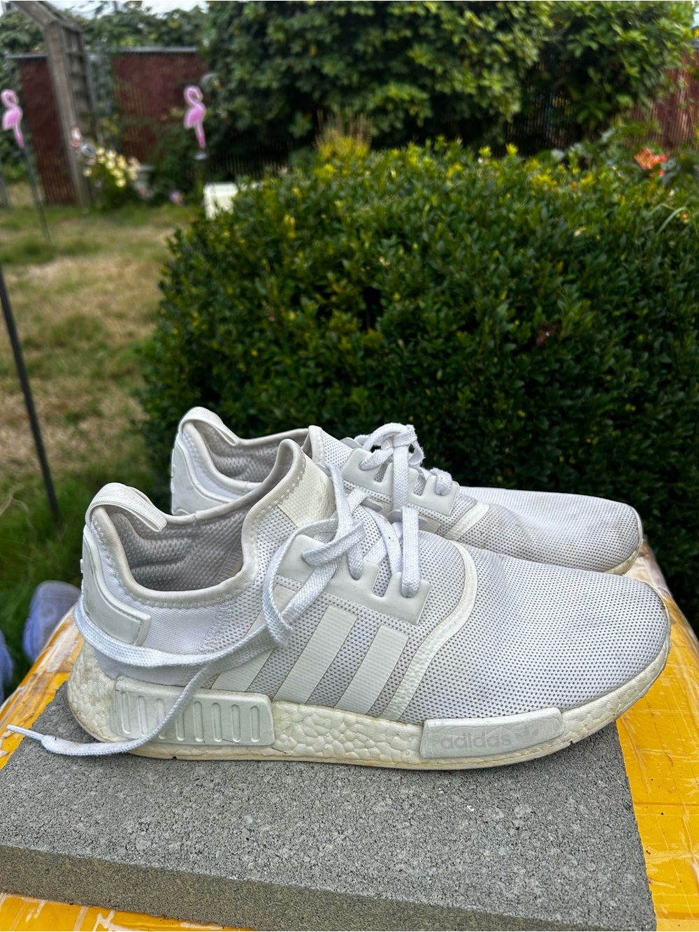 adidas NMD R1 Men’s Triple White Mesh Athletic Sneakers Size 11.5